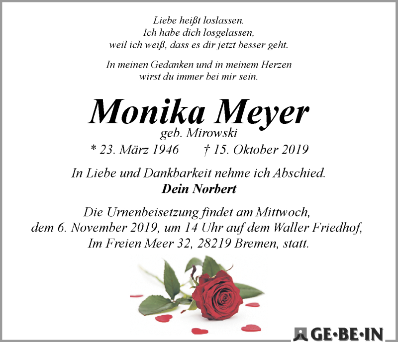  Traueranzeige für Monika Meyer vom 26.10.2019 aus WESER-KURIER