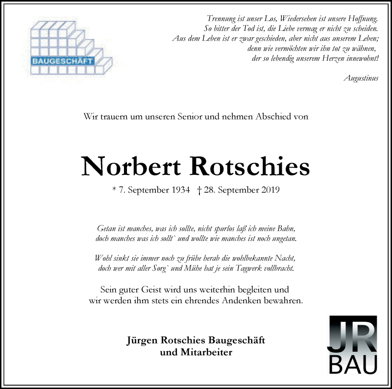  Traueranzeige für Norbert Rotschies vom 05.10.2019 aus WESER-KURIER