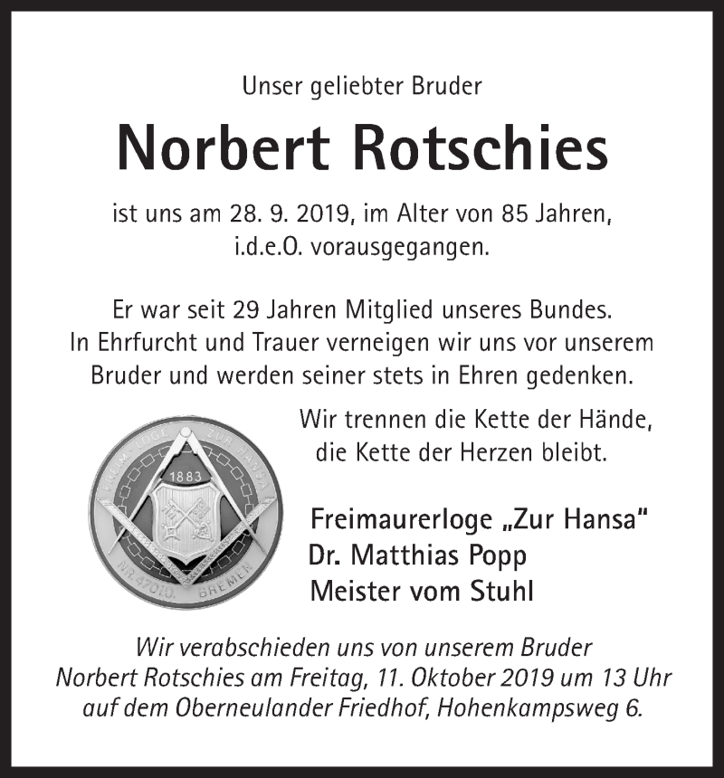  Traueranzeige für Norbert Rotschies vom 05.10.2019 aus WESER-KURIER