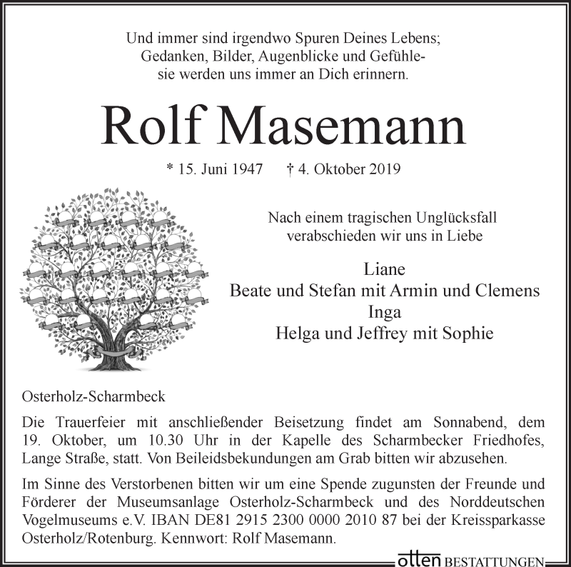  Traueranzeige für Rolf Masemann vom 12.10.2019 aus WESER-KURIER