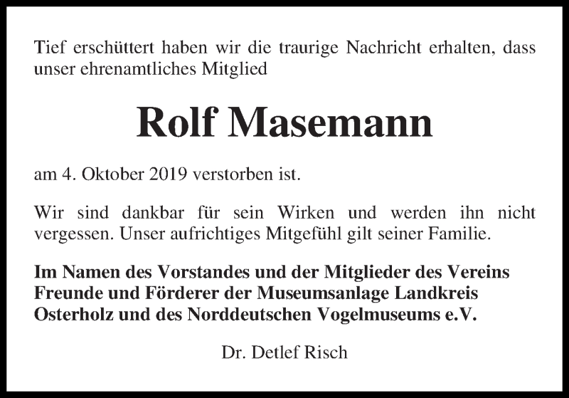 Traueranzeige für Rolf Masemann vom 12.10.2019 aus Osterholzer Kreisblatt