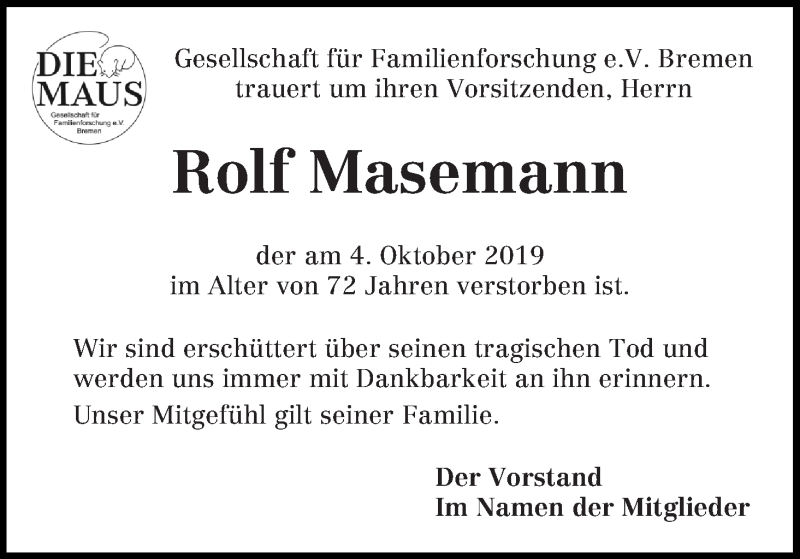  Traueranzeige für Rolf Masemann vom 12.10.2019 aus WESER-KURIER
