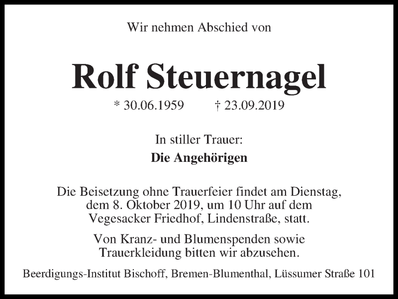 Traueranzeige für Rolf Steuernagel vom 05.10.2019 aus Die Norddeutsche