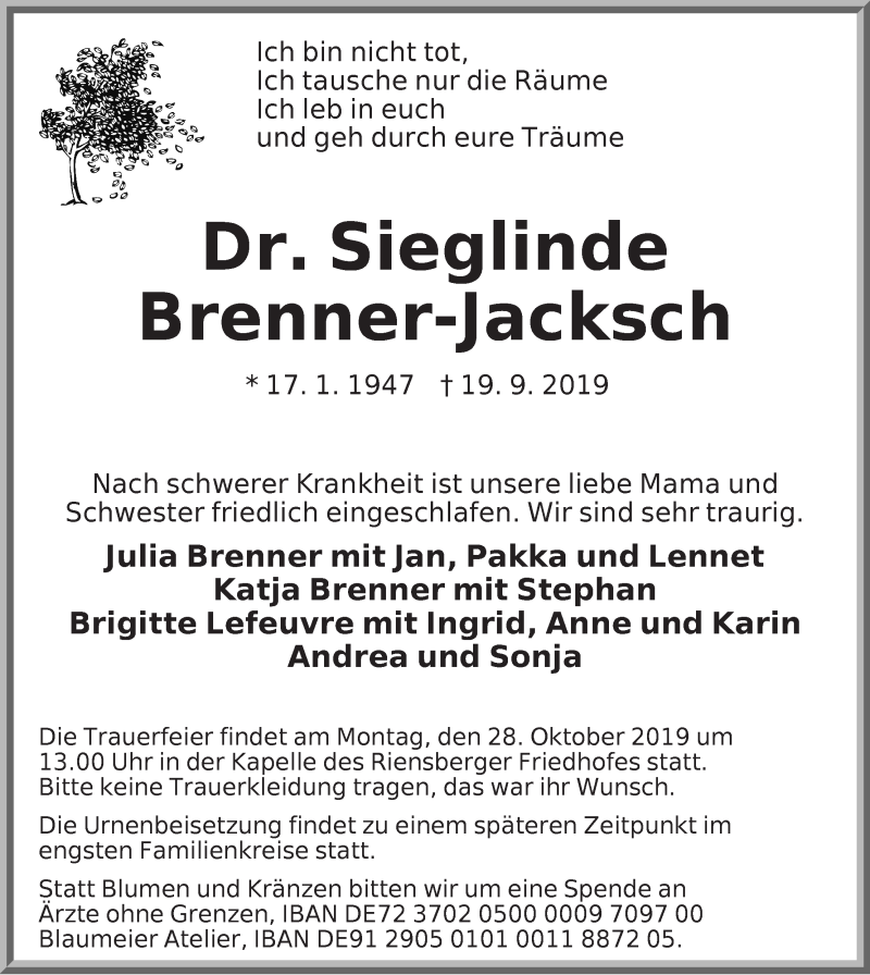  Traueranzeige für Sieglinde Brenner-Jacksch vom 05.10.2019 aus WESER-KURIER