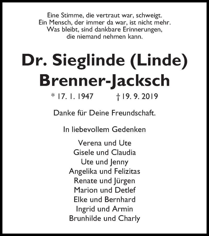  Traueranzeige für Sieglinde Brenner-Jacksch vom 05.10.2019 aus WESER-KURIER