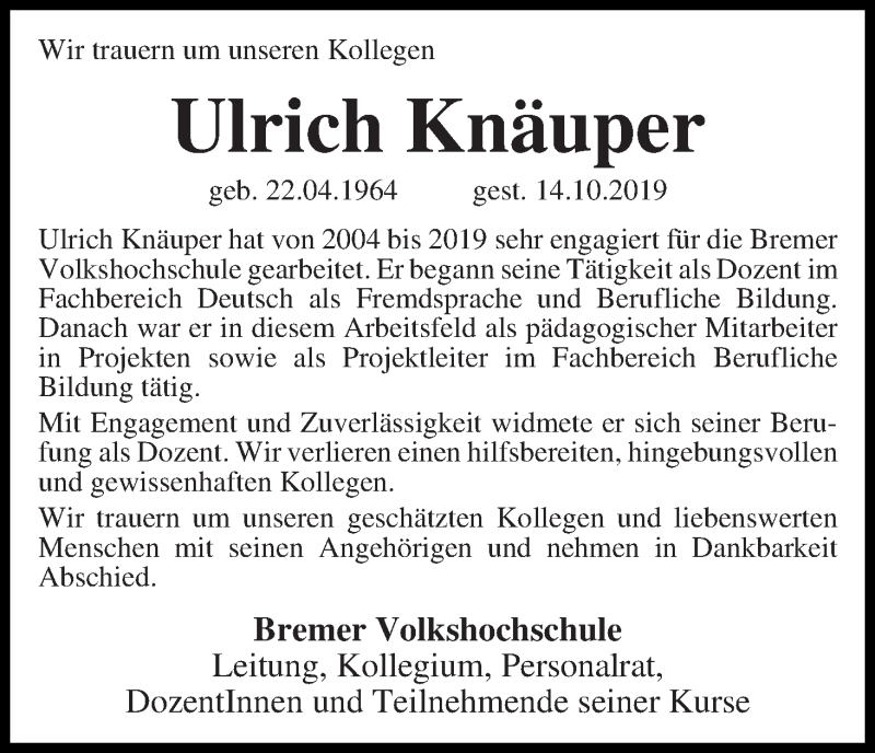  Traueranzeige für Ulrich Knäuper vom 29.10.2019 aus WESER-KURIER
