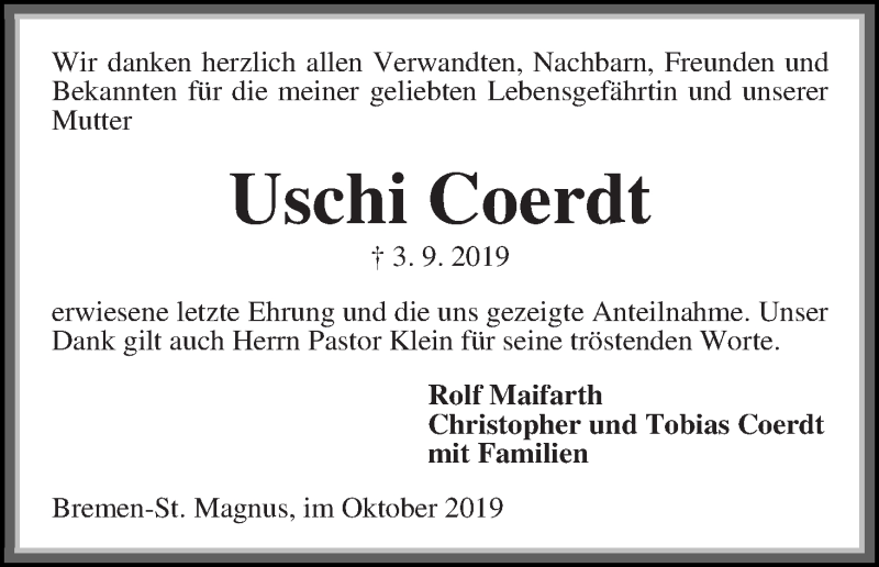  Traueranzeige für Uschi Coerdt vom 09.10.2019 aus Die Norddeutsche