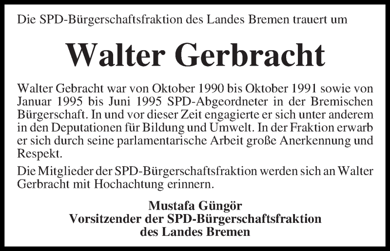  Traueranzeige für Walter Gerbracht vom 09.10.2019 aus WESER-KURIER