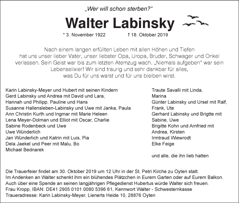  Traueranzeige für Walter Labinsky vom 26.10.2019 aus WESER-KURIER