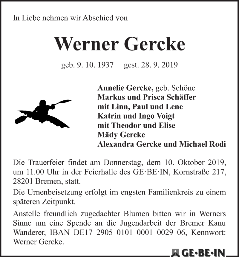  Traueranzeige für Werner Gercke vom 05.10.2019 aus WESER-KURIER