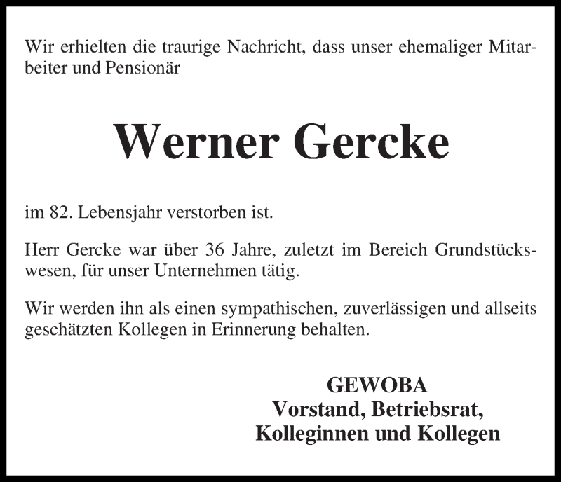  Traueranzeige für Werner Gercke vom 05.10.2019 aus WESER-KURIER