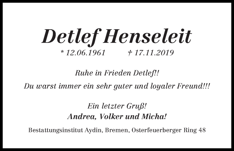  Traueranzeige für Detlef Henseleit vom 21.11.2019 aus WESER-KURIER