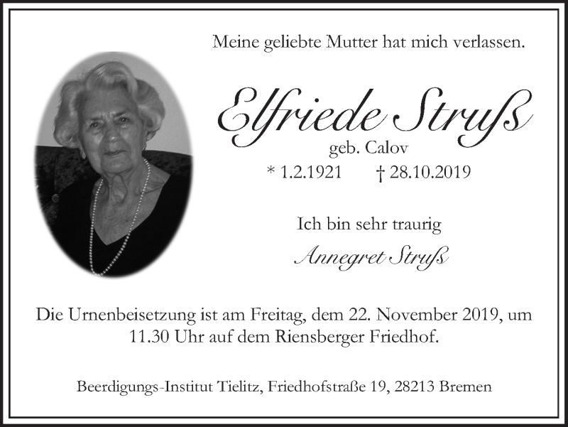  Traueranzeige für Elfriede Struß vom 09.11.2019 aus WESER-KURIER