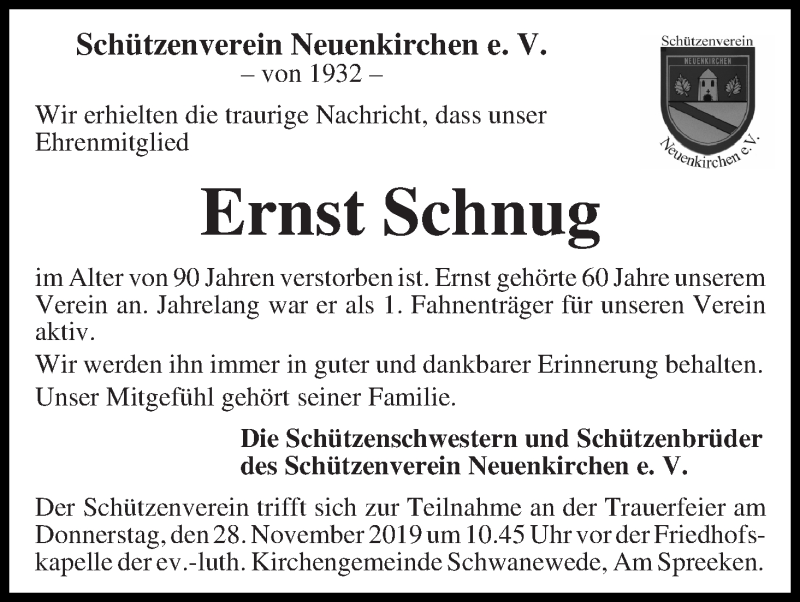 Traueranzeige von Ernst Schnug von Die Norddeutsche