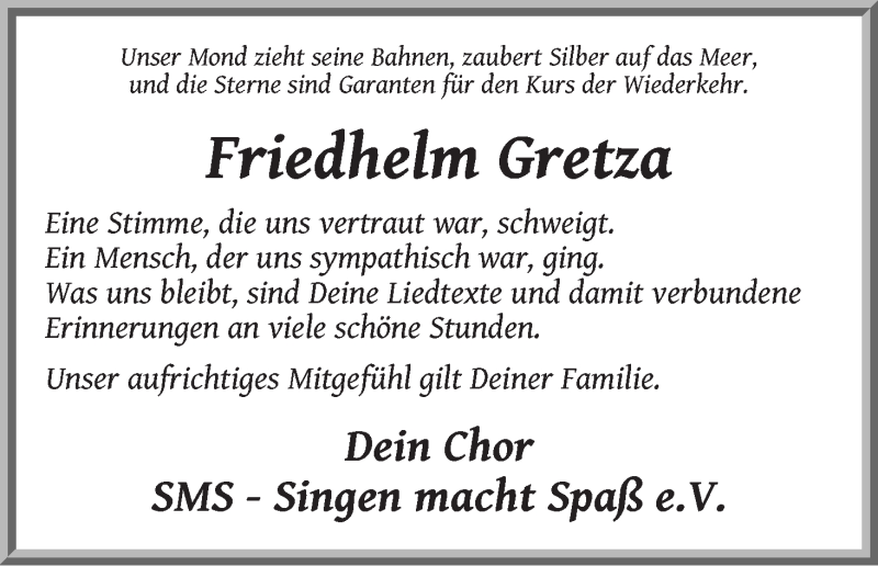  Traueranzeige für Friedhelm Gretza vom 30.11.2019 aus WESER-KURIER