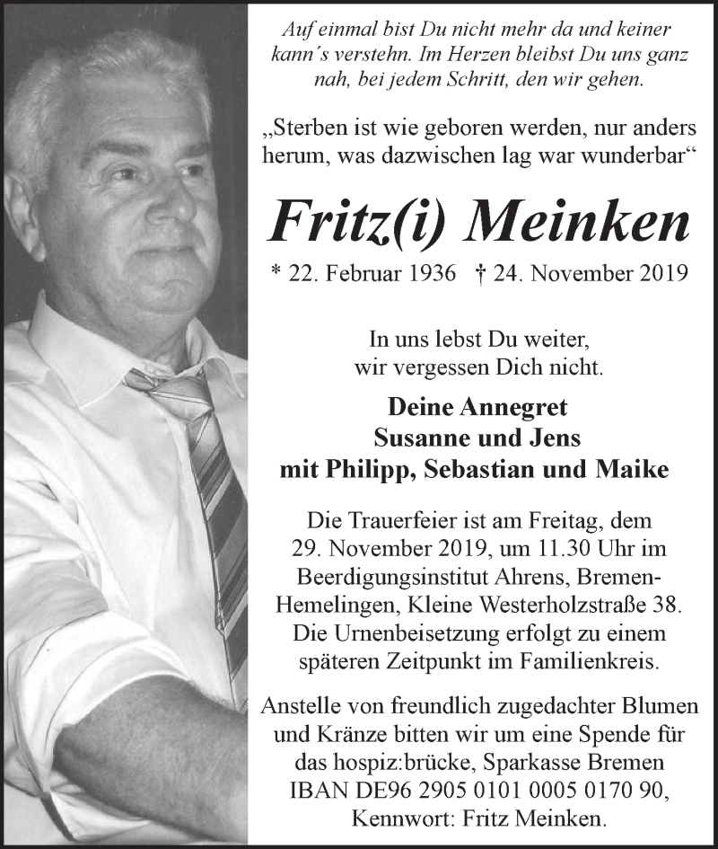  Traueranzeige für Fritz Meinken vom 27.11.2019 aus WESER-KURIER