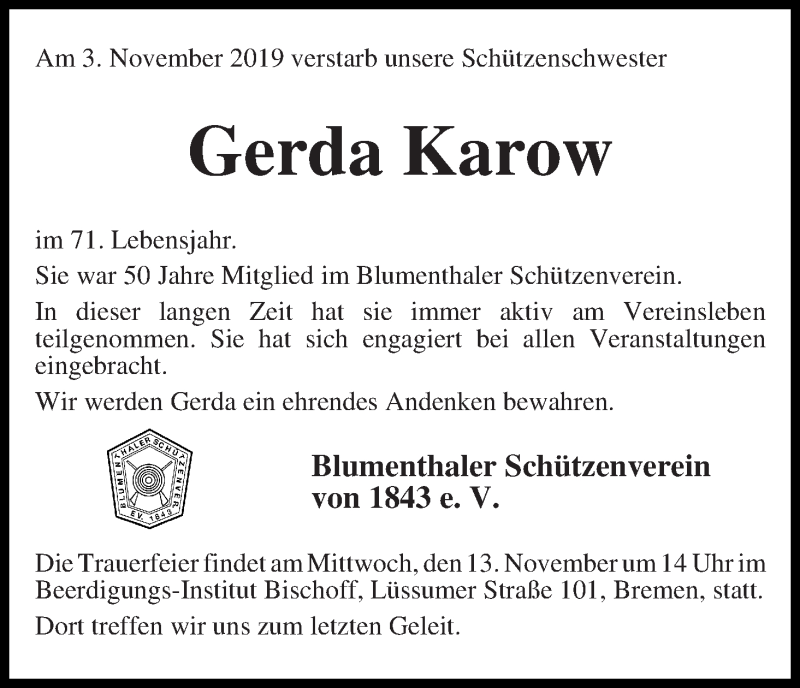  Traueranzeige für Gerda Karow vom 09.11.2019 aus Die Norddeutsche