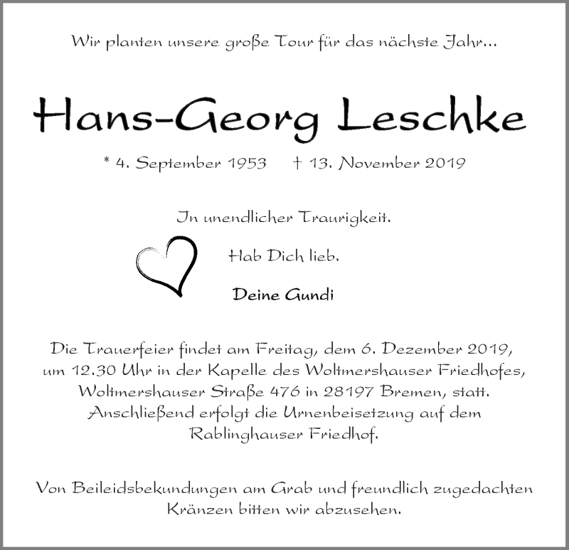  Traueranzeige für Hans-Georg Leschke vom 23.11.2019 aus WESER-KURIER