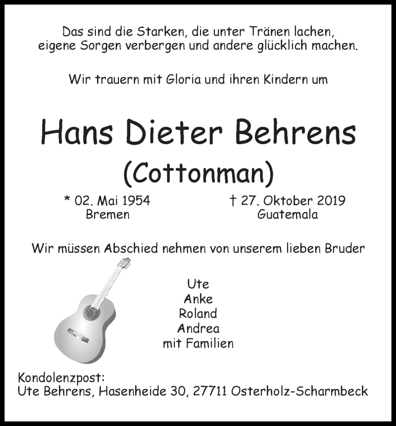 Traueranzeige für Hans Dieter Behrens vom 02.11.2019 aus Osterholzer Kreisblatt