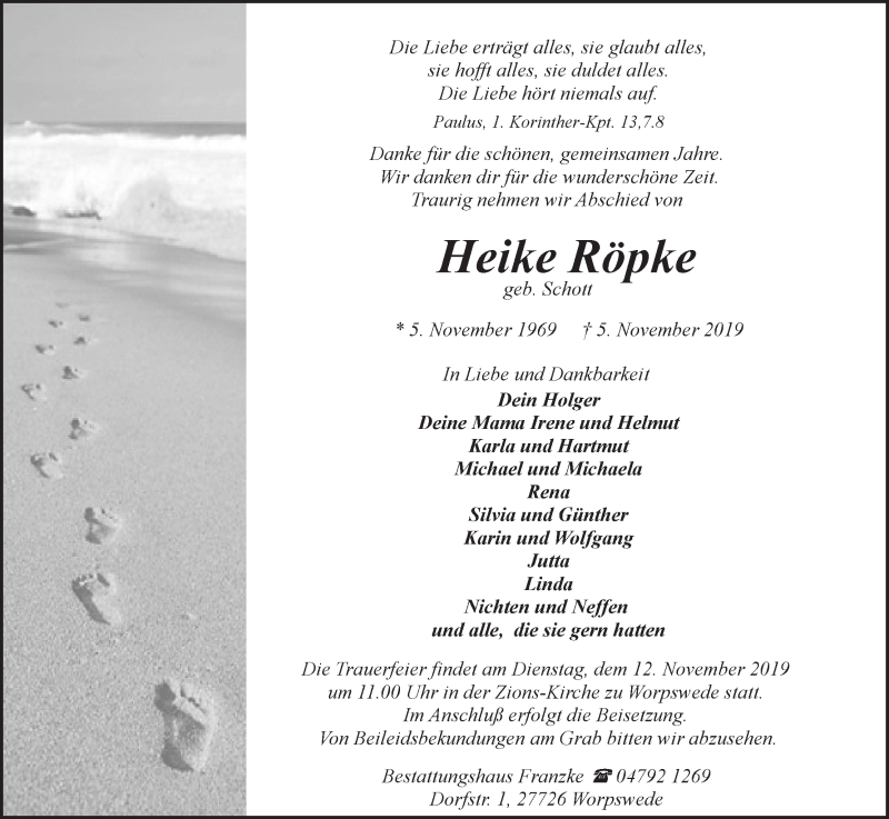  Traueranzeige für Heike Röpke vom 09.11.2019 aus Wuemme Zeitung