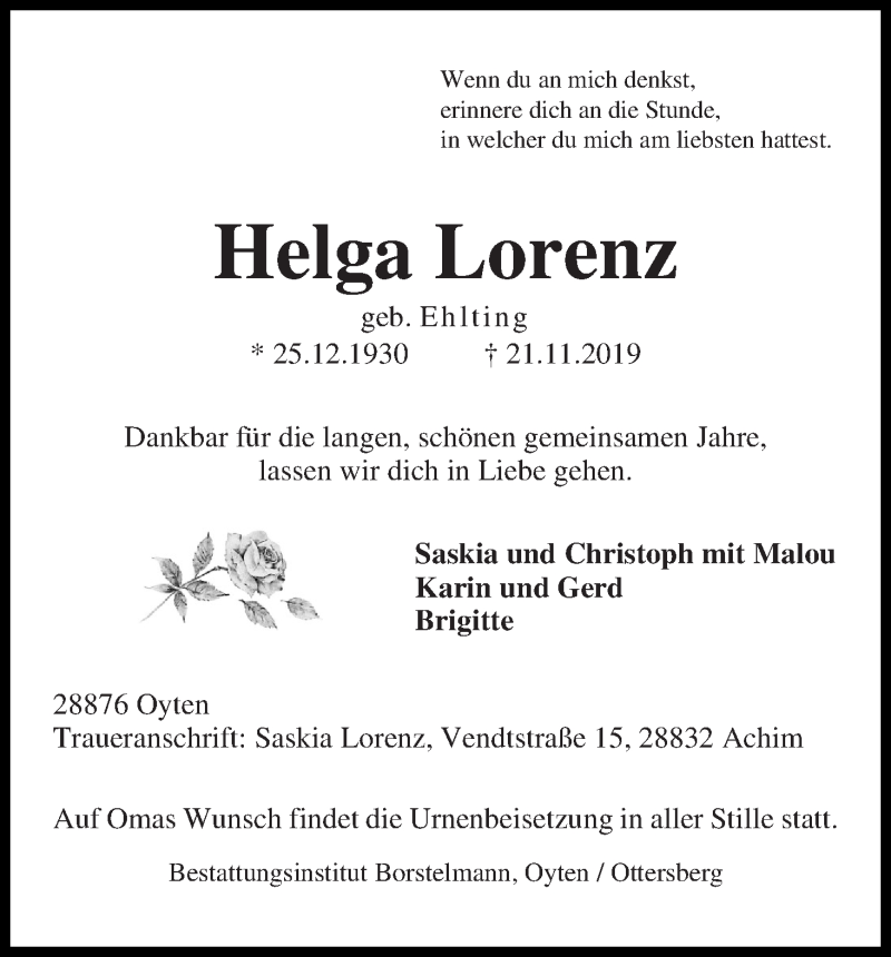  Traueranzeige für Helga Lorenz vom 30.11.2019 aus WESER-KURIER