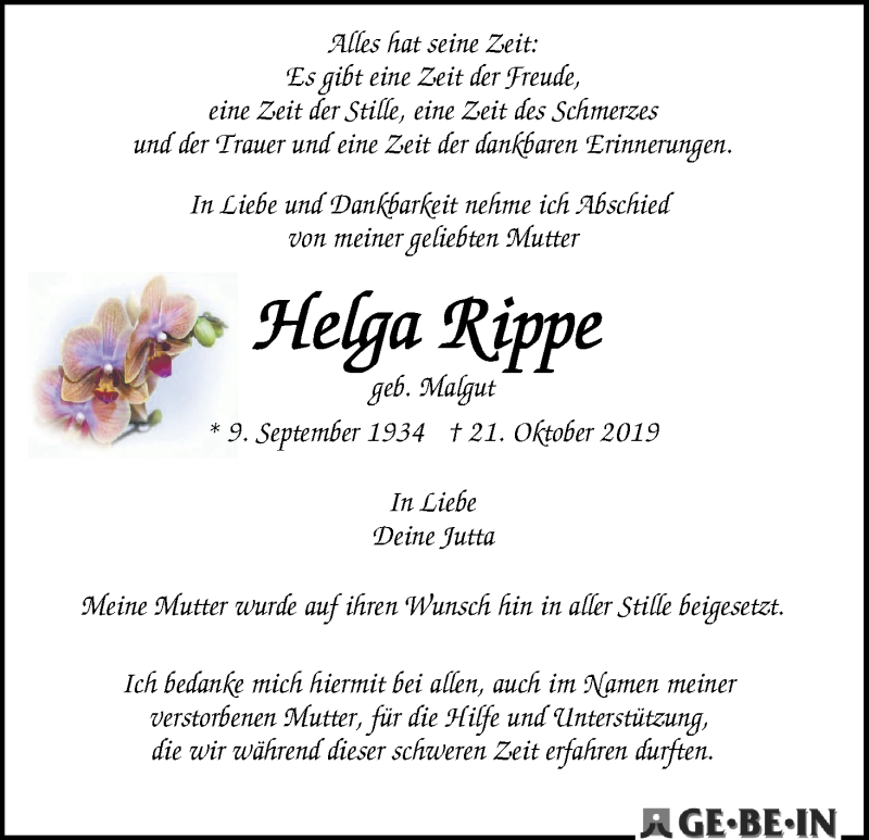  Traueranzeige für Helga Rippe vom 09.11.2019 aus WESER-KURIER