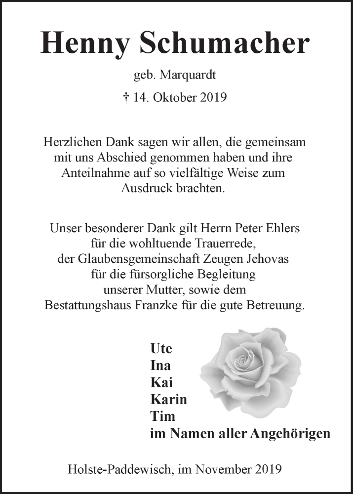  Traueranzeige für Henny Schumacher vom 23.11.2019 aus Osterholzer Kreisblatt