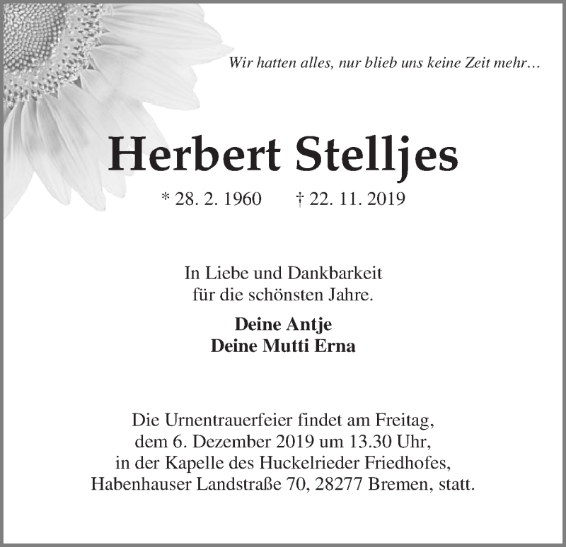 Traueranzeige für Herbert Stelljes vom 30.11.2019 aus WESER-KURIER