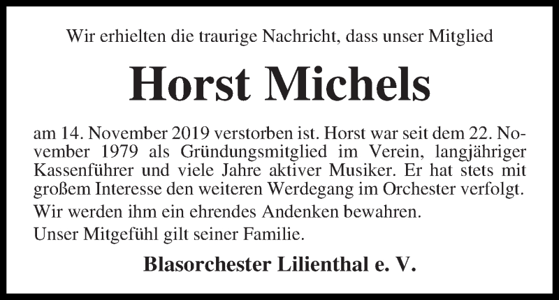  Traueranzeige für Horst Michels vom 19.11.2019 aus Wuemme Zeitung