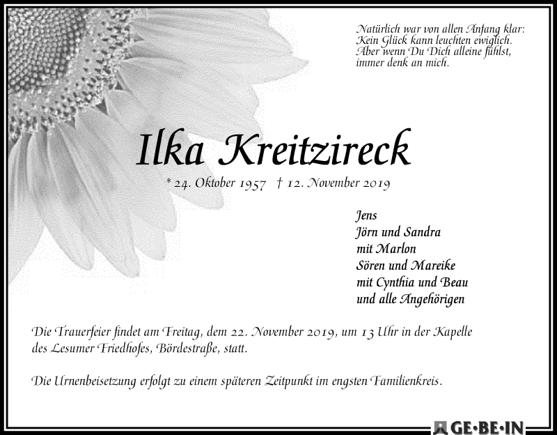  Traueranzeige für Ilka Kreitzireck vom 16.11.2019 aus WESER-KURIER