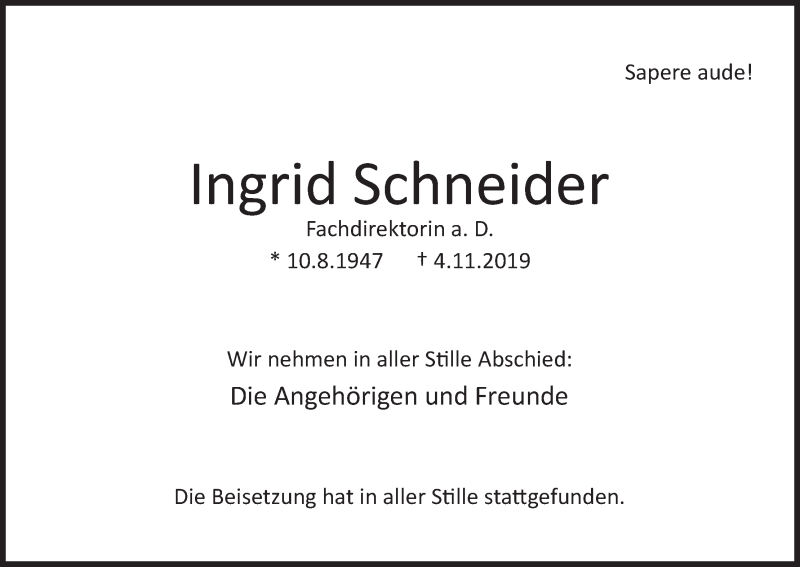 Traueranzeigen Von Ingrid Schneider Trauer Gedenken