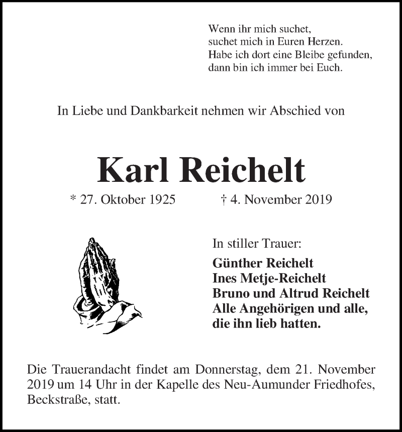  Traueranzeige für Karl Reichelt vom 16.11.2019 aus Die Norddeutsche