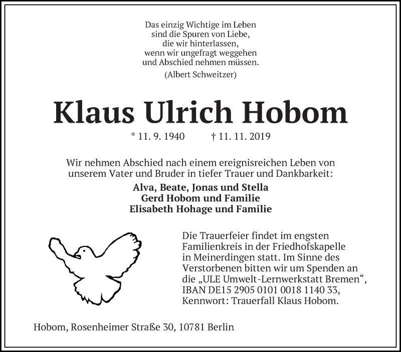  Traueranzeige für Klaus Ulrich Hobom vom 16.11.2019 aus WESER-KURIER