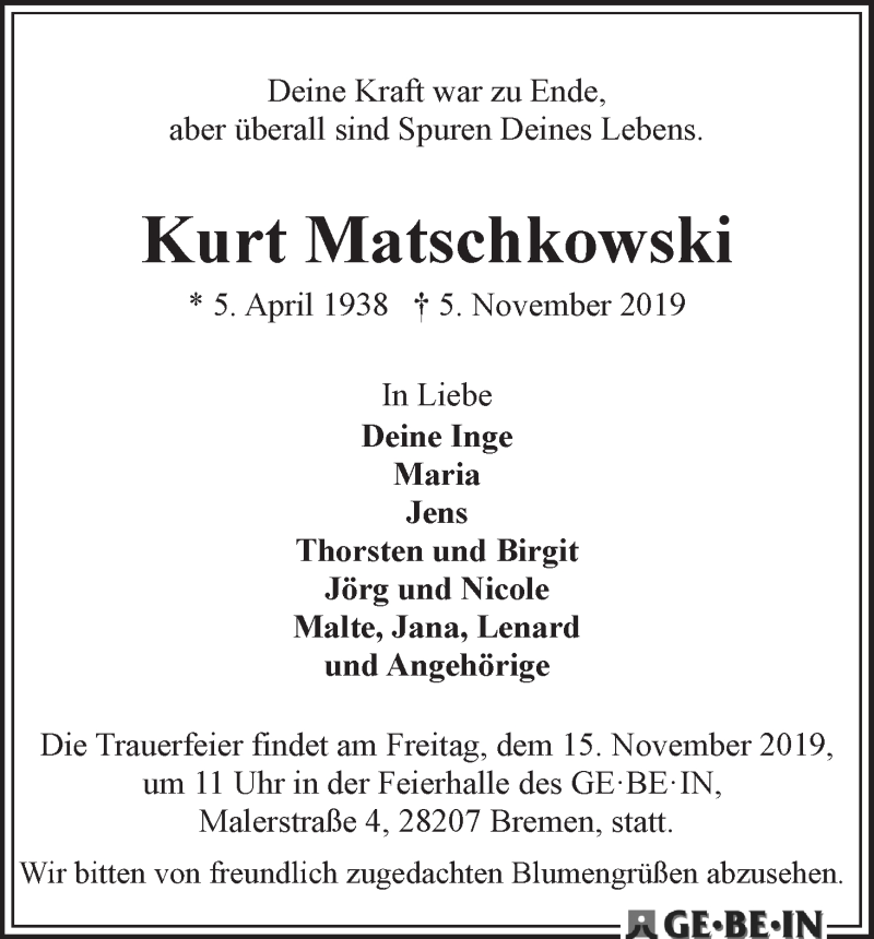  Traueranzeige für Kurt Matschkowski vom 09.11.2019 aus WESER-KURIER