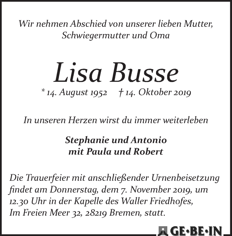  Traueranzeige für Lisa Busse vom 02.11.2019 aus WESER-KURIER