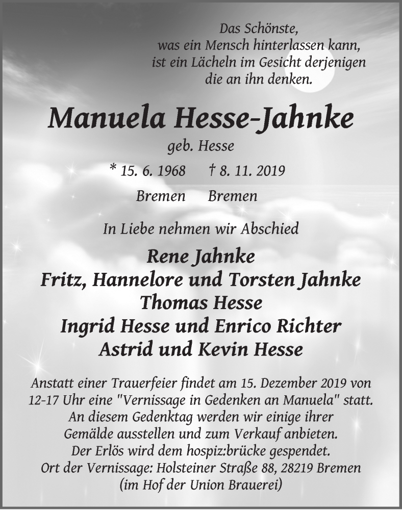  Traueranzeige für Manuela Hesse-Jahnke vom 30.11.2019 aus WESER-KURIER