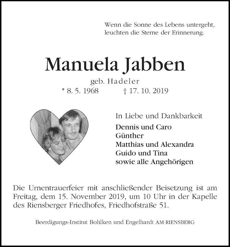  Traueranzeige für Manuela Jabben vom 02.11.2019 aus WESER-KURIER