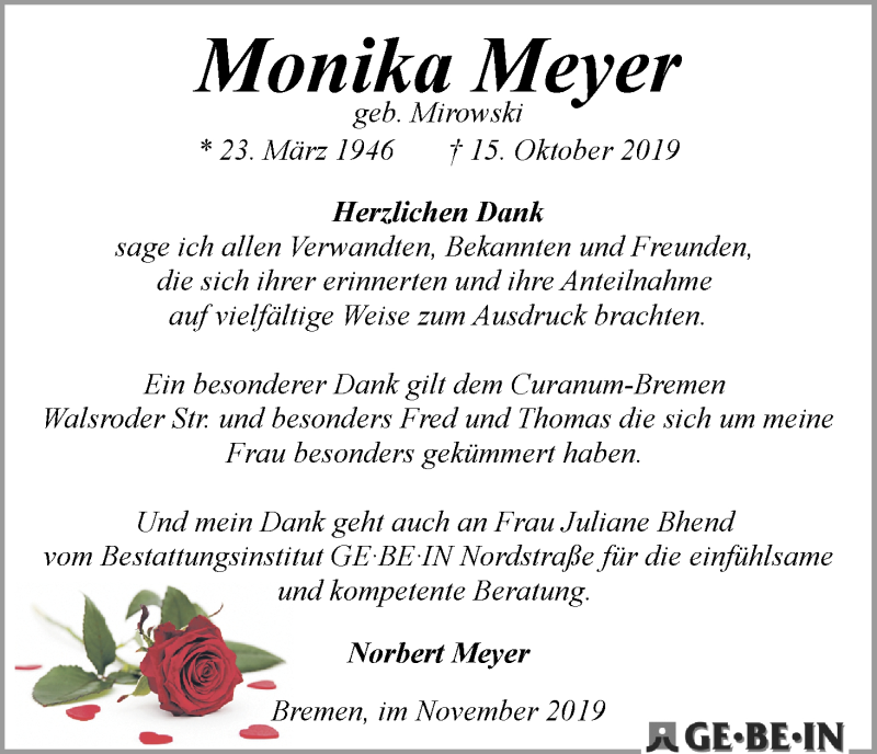  Traueranzeige für Monika Meyer vom 16.11.2019 aus WESER-KURIER