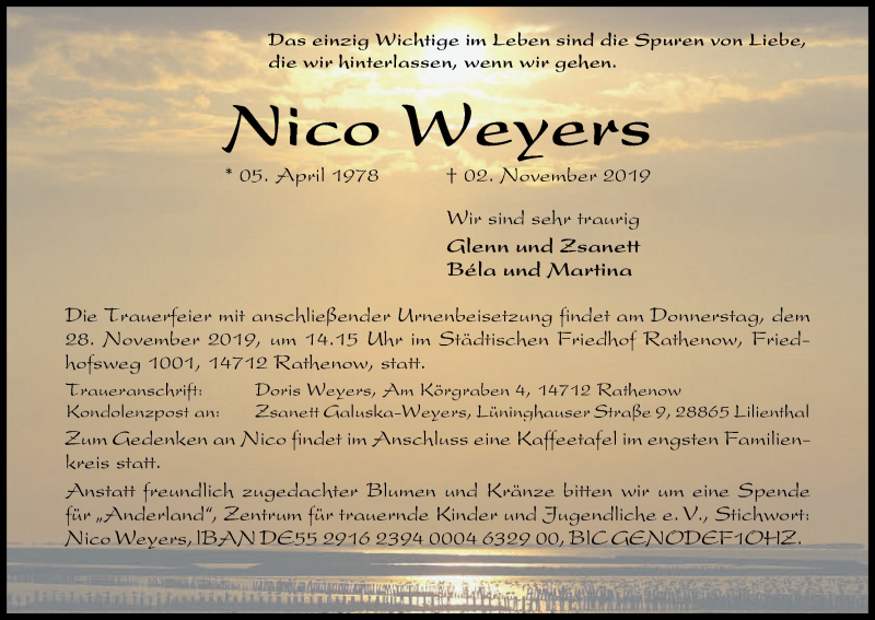  Traueranzeige für Nico Weyers vom 16.11.2019 aus WESER-KURIER