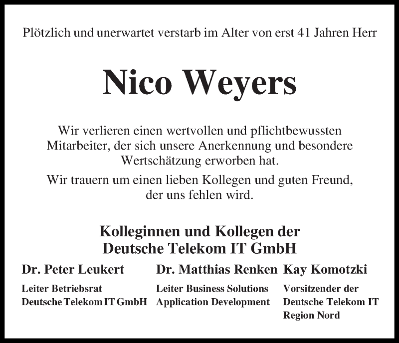  Traueranzeige für Nico Weyers vom 16.11.2019 aus WESER-KURIER