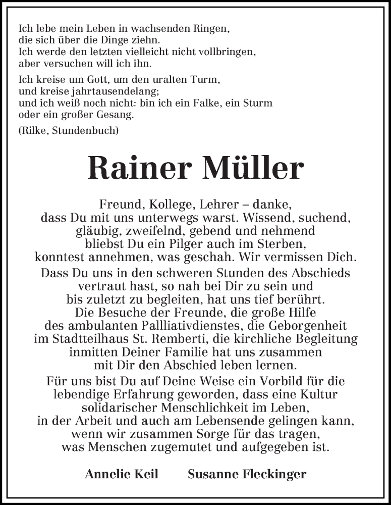  Traueranzeige für Rainer Müller vom 09.11.2019 aus WESER-KURIER