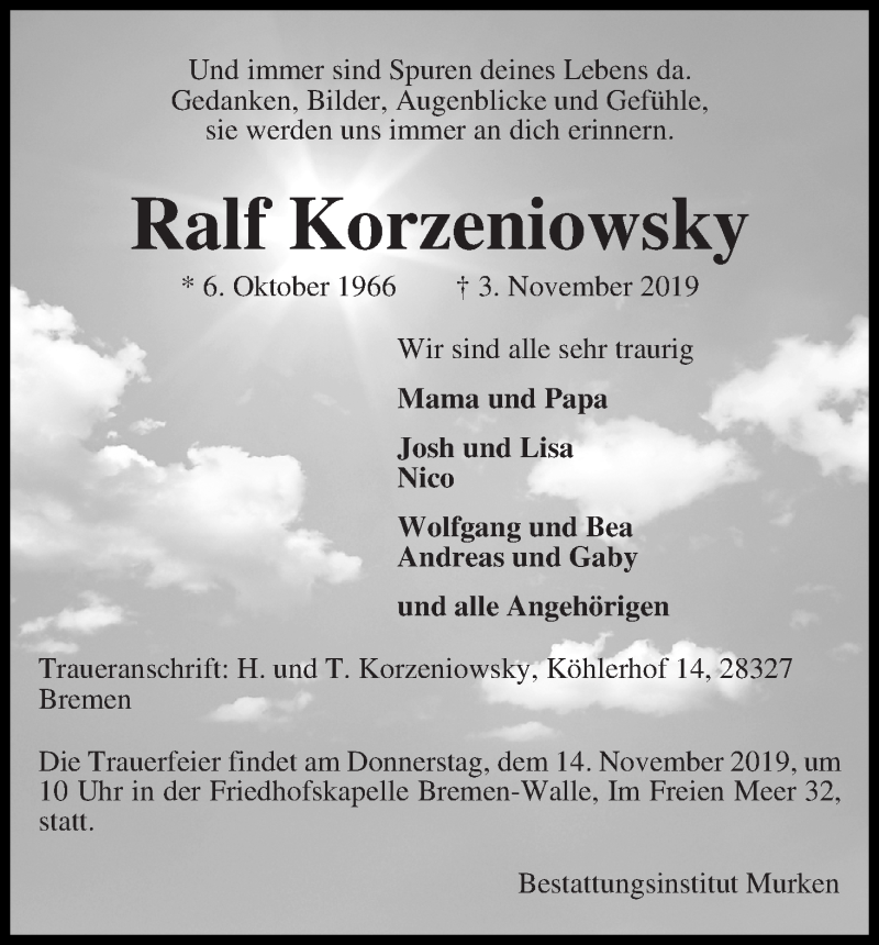  Traueranzeige für Ralf Korzeniowsky vom 08.11.2019 aus WESER-KURIER