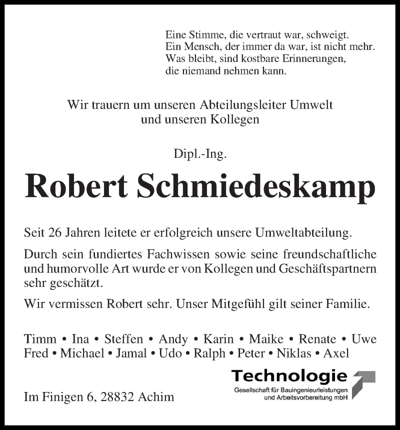  Traueranzeige für Robert Schmiedeskamp vom 16.11.2019 aus WESER-KURIER