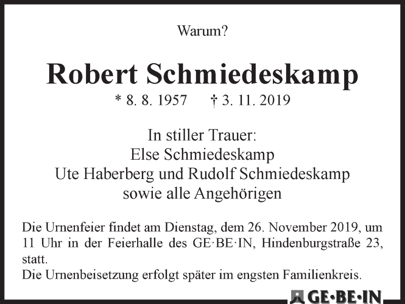  Traueranzeige für Robert Schmiedeskamp vom 16.11.2019 aus WESER-KURIER