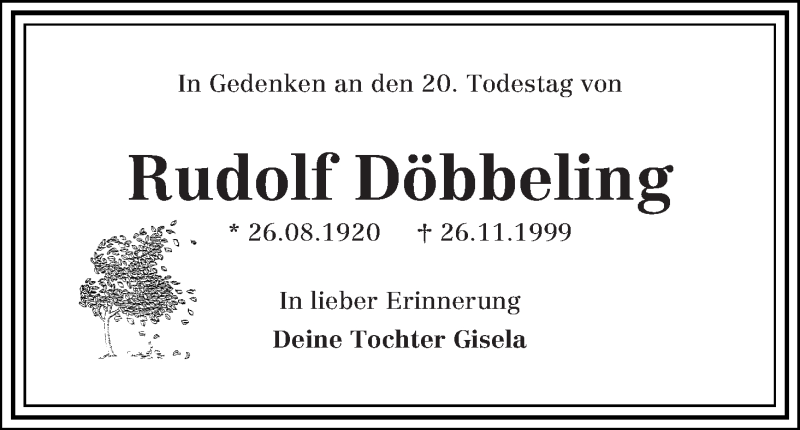 Traueranzeige von Rudolf Döbbeling von WESER-KURIER