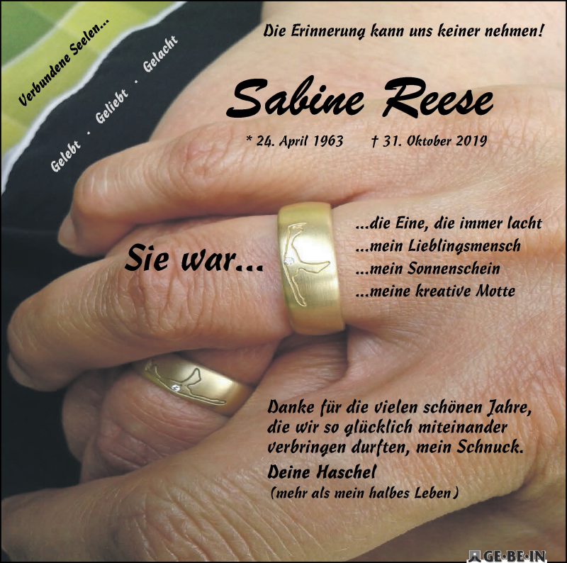  Traueranzeige für Sabine Reese vom 09.11.2019 aus Achimer Kurier/Verdener Nachrichten