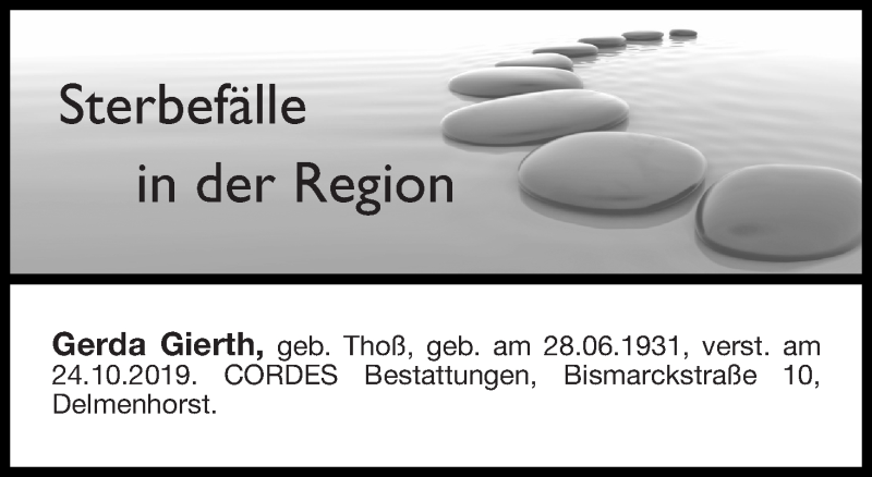 Traueranzeige von Sterbefälle in der Region Ausgabe 16.11.2019 von Delmenhorster Kurier