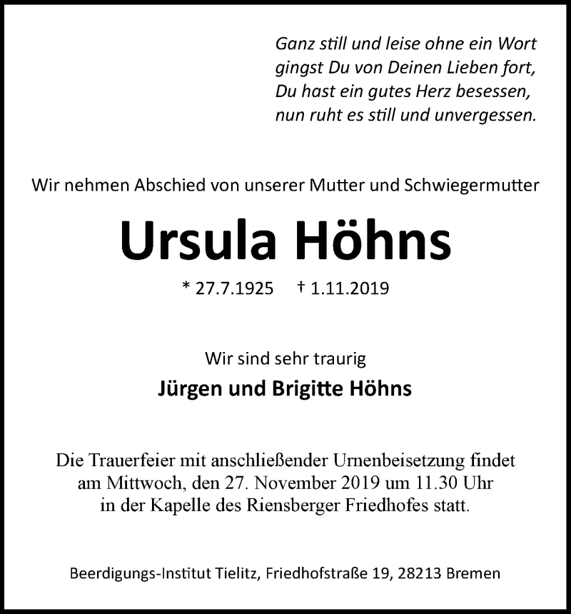 Traueranzeige von Ursula Höhns von WESER-KURIER