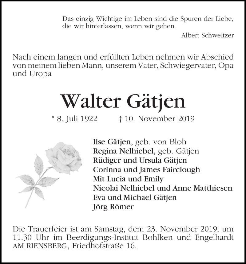  Traueranzeige für Walter Gätjen vom 16.11.2019 aus WESER-KURIER