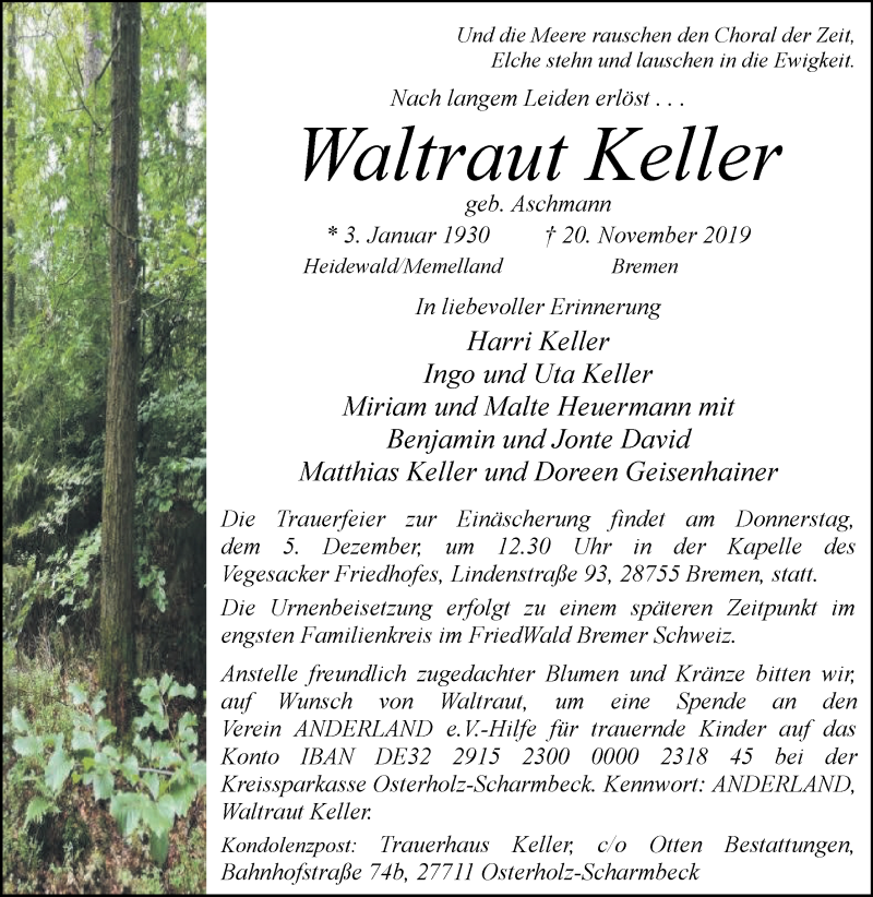 Traueranzeige von Waltraut Keller von Osterholzer Kreisblatt